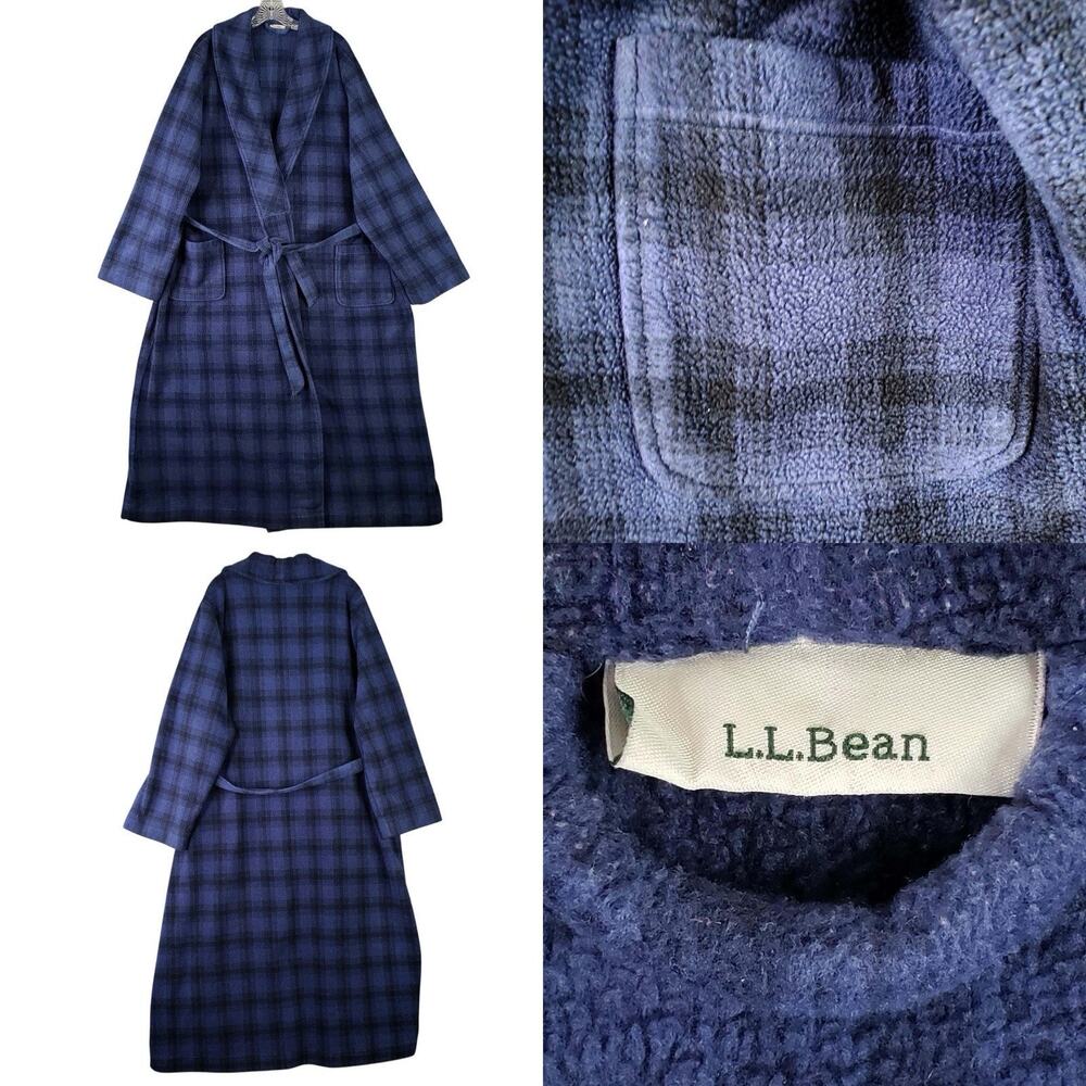 LL Bean Robe Fleece Wrap Tie Belt Pockets Size Blue Plaid Women’s Plus Size 2X
